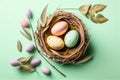 Easter eggs in a nest on a green background, top view. Generative AI Royalty Free Stock Photo