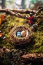 Easter eggs in the nest on green moss background. AI Generative Royalty Free Stock Photo