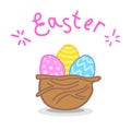 Easter eggs in the nest. Hand drawn text. Vector isolated. Royalty Free Stock Photo