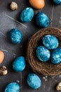 Easter eggs in nest painted by hand in blue color on dark background Royalty Free Stock Photo