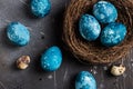 Easter eggs in nest painted by hand in blue color on dark background Royalty Free Stock Photo