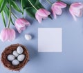 Easter eggs in nest, pink tulips flowers and sheet of paper over light blue background. Greeting card for Happy Easter. Flat lay Royalty Free Stock Photo