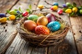 Easter Eggs in Nest on Rustic Wooden Table Royalty Free Stock Photo