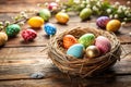 Easter Eggs in Nest on Rustic Wooden Table Royalty Free Stock Photo