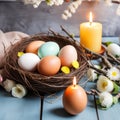 easter eggs in a nest with spring flowers and burning candles on wooden blue background