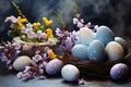 Easter eggs in a nest with spring flowers on a dark background, Happy Easter. Congratulatory easter background. Easter eggs and