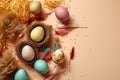 easter eggs in a nest on a table. Generative AI