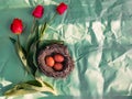 Easter eggs in a nest and three red tulips. Royalty Free Stock Photo