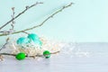 Easter eggs in nest with willow branches, spring, easter concept on green background Royalty Free Stock Photo