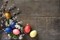 Easter eggs in a nest with willow branches and spring flowers Royalty Free Stock Photo