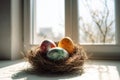 Easter eggs nest window. Generate Ai