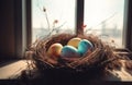 Easter eggs nest window sunny light. Generate Ai