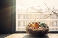Easter eggs nest window tradition home. Generate Ai Royalty Free Stock Photo