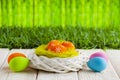 Easter eggs in the nest and wooden table on nature background Royalty Free Stock Photo