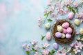 Easter eggs nestled in a flowerfilled nest on a blue backdrop