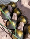 Easter eggs painted in black and gold are lying in a tray next to green leaves of grass Royalty Free Stock Photo