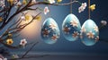 Easter eggs painted on flowering branches