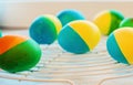 Easter eggs painted by hand yellow and blue lie on the lattice Royalty Free Stock Photo