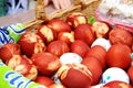 Easter eggs painted in onion husk with parsley leaf ornament in a wicker basket. Orthodox Easter, Russian traditions