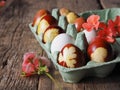 Easter eggs painted with onion peels in a container for eggs on a background with pink pelargonium flowers.Easter background with Royalty Free Stock Photo