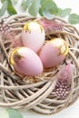 Easter eggs painted pink and gold and feathers in a nest on a white wooden background Royalty Free Stock Photo