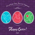 Easter eggs painted with rabbit, hen and chicken. Royalty Free Stock Photo