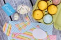 Easter eggs and papercut items, top view. Royalty Free Stock Photo