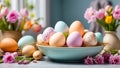 Easter eggs in pastel colors, beautiful flowers the kitchen