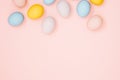 Easter eggs, pastel colors, top view. Flat lay, Easter background design