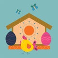 Easter eggs with patterns and a birdhouse with a bird. Color vector illustration