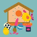 Easter eggs with patterns, a brush with paint for coloring eggs and a birdhouse with a bird