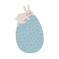 Easter eggs with pictures. A cute little bunny climbed onto a large egg and looks down. Easter or Kid Vector Illustration.