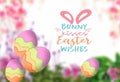 Easter eggs floral poster yeallow pink white green with text letter copy space holiday banner template greetings card