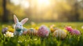Easter eggs placed on green grass with spring flowers and sunlight Royalty Free Stock Photo