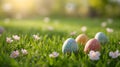 Easter eggs placed on green grass with spring flowers and sunlight Royalty Free Stock Photo