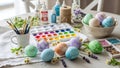 Preparing and painting colorful eggs for springtime celebration Royalty Free Stock Photo
