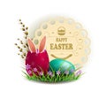 Easter eggs with rabbit ears, a willow branch and a round frame. Royalty Free Stock Photo