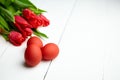 Easter Eggs and red flowers on white wooden table. Painted chicken eggs and red tulip Royalty Free Stock Photo