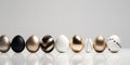 Easter eggs in a row in an elegant black, gold, and white palette on a reflective surface, showcasing modern Royalty Free Stock Photo