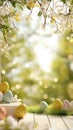 Easter eggs on rustic wood table with soft bokeh sunlight and spring branches above. Vertical card. Royalty Free Stock Photo