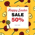 Easter eggs sale square yellow banner. Royalty Free Stock Photo