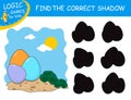 Easter Eggs on sand isolated on colorful background. Find the correct shadow the Eggs. Cute cartoon food. Educational game
