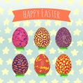 Easter eggs set. Colorful holiday patterns. Realistic 3d easter eggs on decorative background. Spring holiday.
