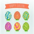 Easter eggs set. Colorful holiday patterns. Realistic 3d easter eggs on decorative background. Spring holiday.