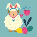 Easter eggs, a sheep with rabbit ears, and a flower. Color vector illustration Royalty Free Stock Photo