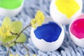 Easter eggs shells filled with paints Royalty Free Stock Photo