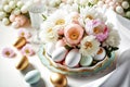 Easter eggs and soft spring flowers. Pastel Easter table decoration. AI Generated