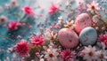 Easter eggs and spring flowers on a blue background. Happy Easter. Royalty Free Stock Photo