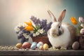 Easter eggs with spring flowers and a cute bunny on a table. Festive decoration with a rabbit and colored eggs. Happy Easter