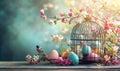 Easter eggs and spring flowers in decorative birdcage with colorful bird Royalty Free Stock Photo